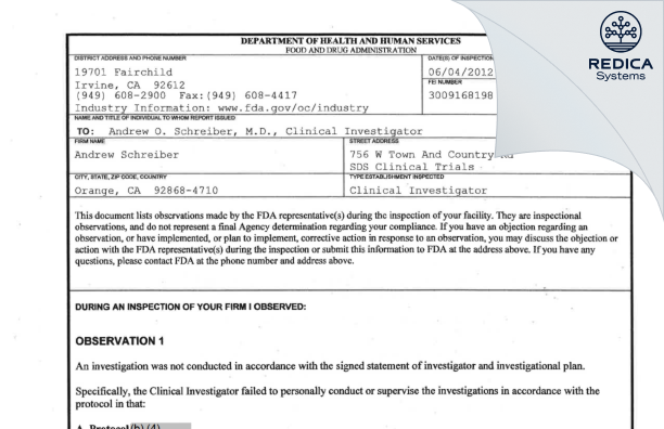 FDA 483 - Andrew Schreiber [Orange / United States of America] - Download PDF - Redica Systems