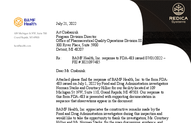 FDA 483 Response - BAMF Health, Inc. [Grand Rapids / United States of America] - Download PDF - Redica Systems