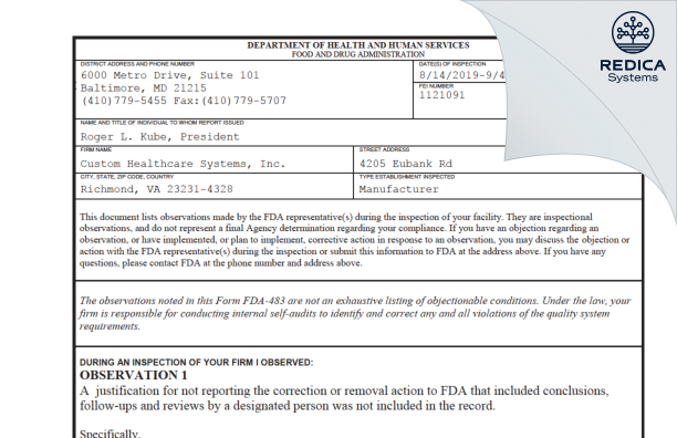 FDA 483 - Custom Healthcare Systems of VA, LLC [Richmond / United States of America] - Download PDF - Redica Systems