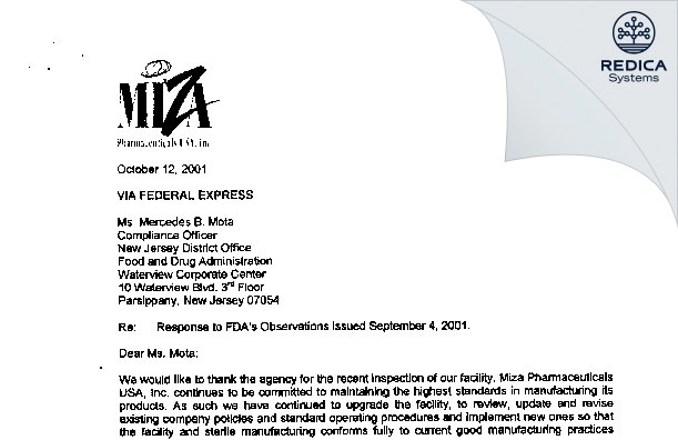 FDA 483 Response - Miza Pharmaceuticals USA Inc. [Fairton / United States of America] - Download PDF - Redica Systems