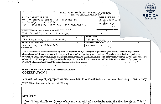 FDA 483 - JBS Souderton, Inc. dba MOPAC [Souderton / United States of America] - Download PDF - Redica Systems