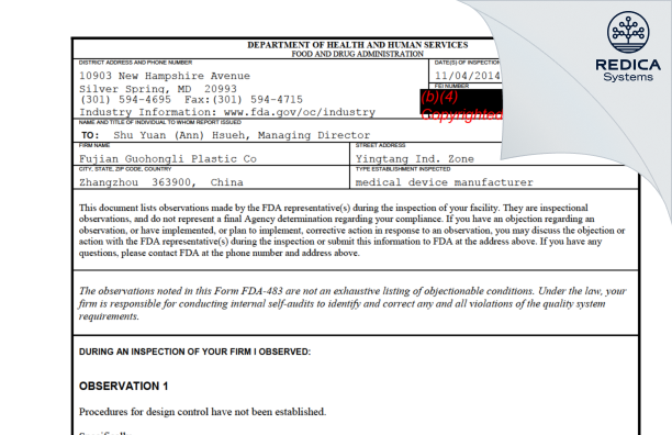 FDA 483 - Fujian Guohongli Plastic Co [- / -] - Download PDF - Redica Systems