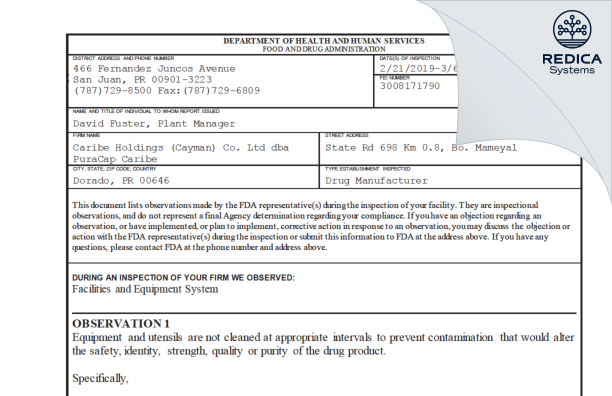 FDA 483 - Caribe Holdings (Cayman) Co. Ltd. dba PuraCap Caribe [Puerto Rico / United States of America] - Download PDF - Redica Systems