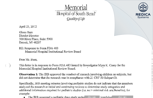 FDA 483 Response - Memorial Hospital Of South Bend, IRB [South Bend / United States of America] - Download PDF - Redica Systems