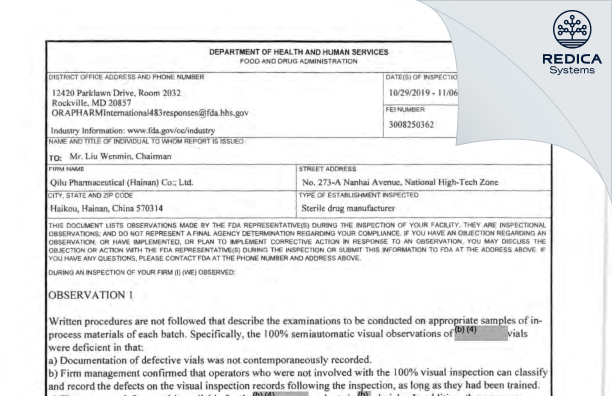 FDA 483 - Qilu Pharmaceutical (Hainan) Co., Ltd. [China / China] - Download PDF - Redica Systems
