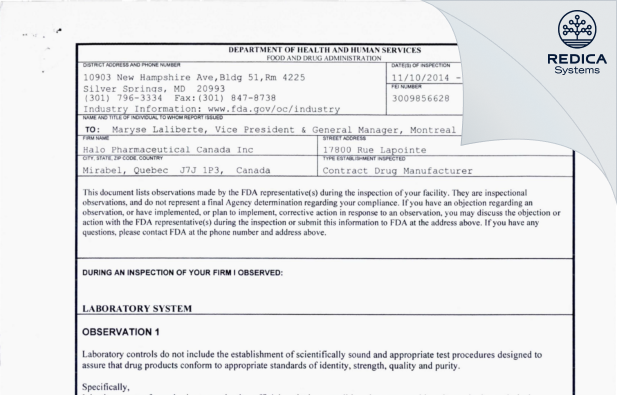 FDA 483 - Halo Pharmaceutical Canada, Inc [Mirabel / Canada] - Download PDF - Redica Systems