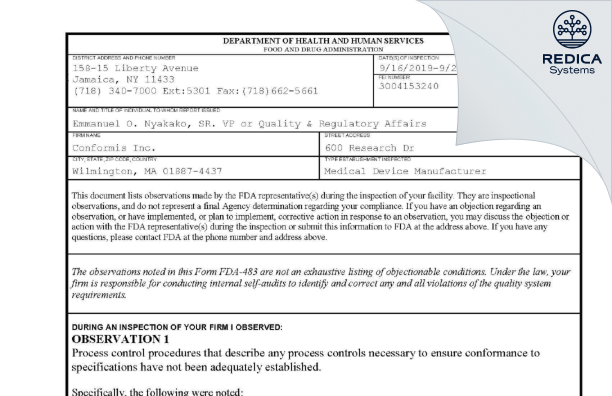 FDA 483 - Conformis Inc. [Wilmington / United States of America] - Download PDF - Redica Systems
