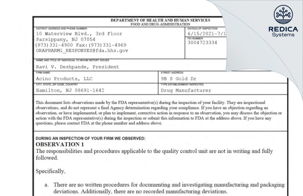 FDA 483 - ACINO PRODUCTS LIMITED LIABILITY COMPANY [Hamilton / United States of America] - Download PDF - Redica Systems