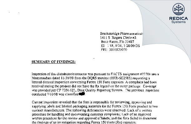 EIR - Breckenridge Pharmaceutical, Inc. [Boca Raton / United States of America] - Download PDF - Redica Systems