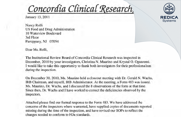 FDA 483 Response - Concordia Clinical Research (IRB) [Cedar Knolls / United States of America] - Download PDF - Redica Systems