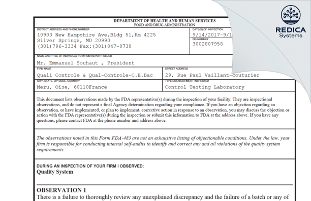 FDA 483 - QUALI CONTROLE [France / France] - Download PDF - Redica Systems