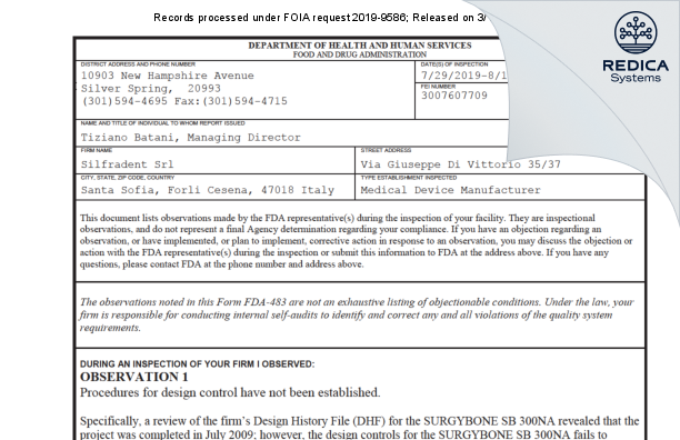 FDA 483 - Silfradent Srl [Santa Sofia / Italy] - Download PDF - Redica Systems