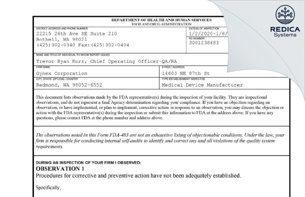 FDA 483 - Gynex Corporation [Redmond / United States of America] - Download PDF - Redica Systems