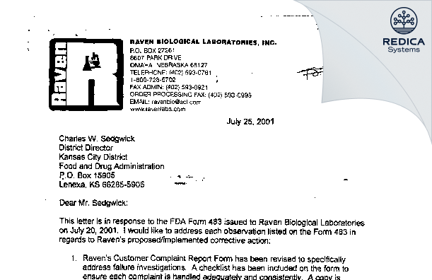 FDA 483 Response - Mesa Laboratories Inc [Omaha / United States of America] - Download PDF - Redica Systems