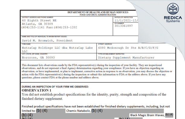 FDA 483 - NutraCap Holdings LLC [Norcross / United States of America] - Download PDF - Redica Systems
