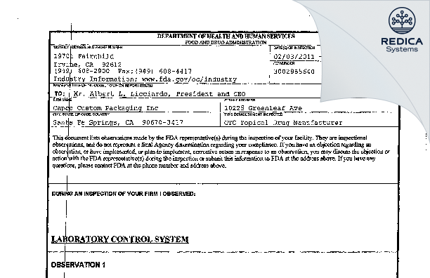 FDA 483 - Capco Custom Packaging Inc [Tempe / United States of America] - Download PDF - Redica Systems