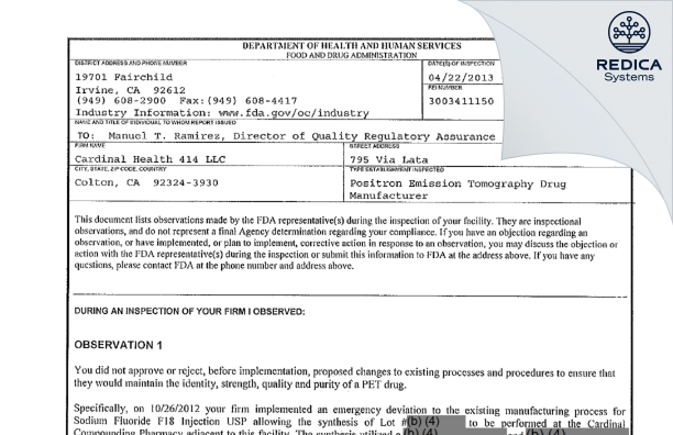 FDA 483 - Cardinal Health 414, LLC [California / United States of America] - Download PDF - Redica Systems