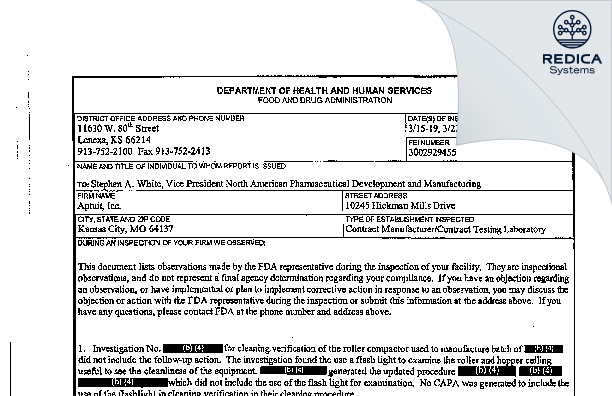 FDA 483 - Catalent CTS, LLC [Kansas City / United States of America] - Download PDF - Redica Systems