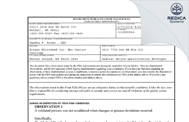 FDA 483 - Breast Microseed Inc [Mercer Island / United States of America] - Download PDF - Redica Systems