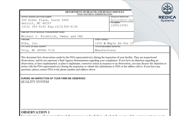 FDA 483 - Elba, Inc. [Troy / United States of America] - Download PDF - Redica Systems
