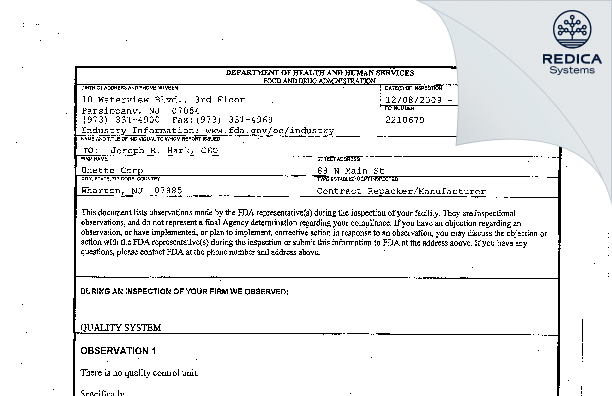 FDA 483 - Unette Corporation [Randolph / United States of America] - Download PDF - Redica Systems