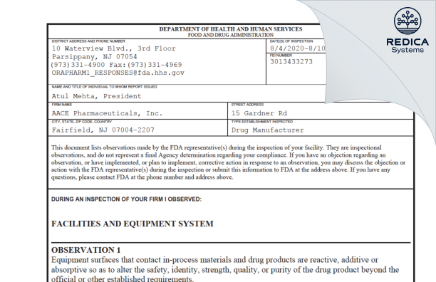 FDA 483 - AACE PHARMACEUTICALS, INC. [Fairfield / United States of America] - Download PDF - Redica Systems