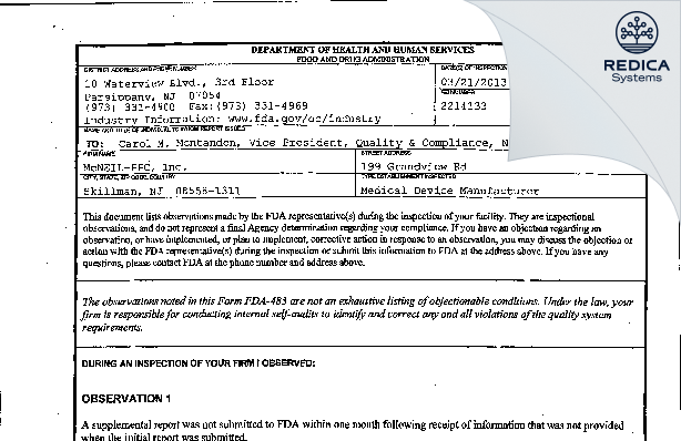 FDA 483 - Johnson & Johnson Consumer, Inc. [Skillman / United States of America] - Download PDF - Redica Systems