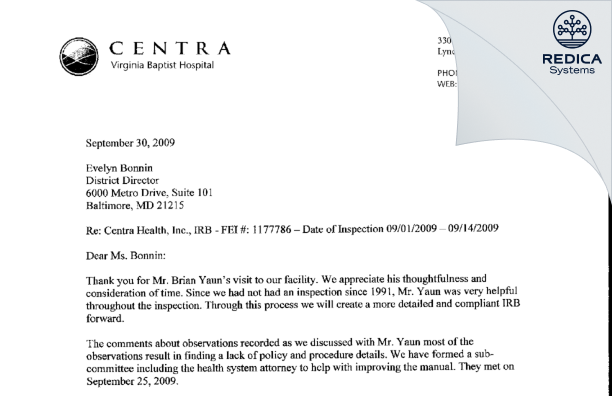 FDA 483 Response - Centra Health Inc IRB [Lynchburg / United States of America] - Download PDF - Redica Systems