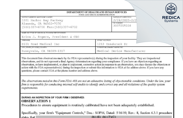 FDA 483 - Silk Road Medical Inc [Sunnyvale / United States of America] - Download PDF - Redica Systems