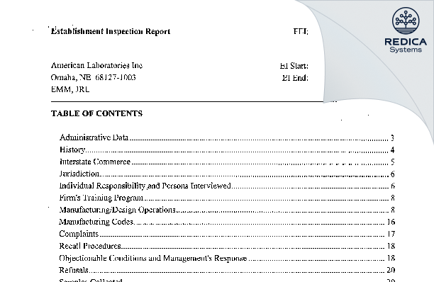 EIR - ALI Pharmaceutical Manufacturing, LLC [Omaha / United States of America] - Download PDF - Redica Systems