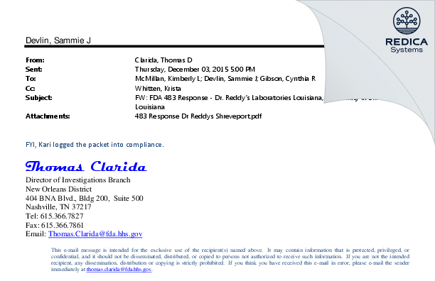 FDA 483 Response - Dr. Reddy's Laboratories Louisiana, LLC [Shreveport / United States of America] - Download PDF - Redica Systems