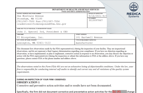 FDA 483 - T2 Biosystems, Inc. [Lexington / United States of America] - Download PDF - Redica Systems