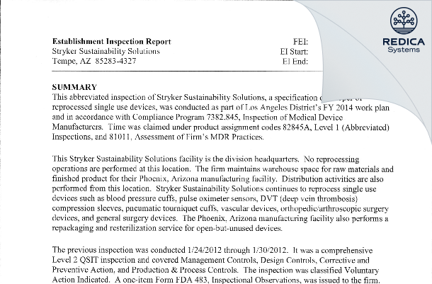 FDA 483 - Stryker Sustainability Solutions [Tempe / United States of America] - Download PDF - Redica Systems