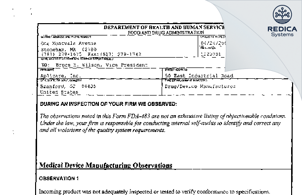FDA 483 - Aplicare Products, LLC [Meriden Connecticut / United States of America] - Download PDF - Redica Systems