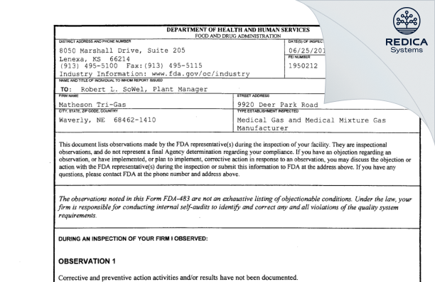 FDA 483 - Matheson Tri-Gas, Inc. [Waverly / United States of America] - Download PDF - Redica Systems