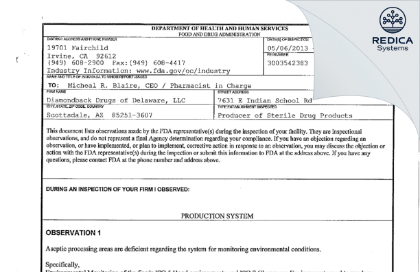 FDA 483 - Diamondback Drugs of Delaware, LLC [Scottsdale / United States of America] - Download PDF - Redica Systems