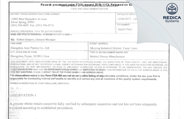 FDA 483 - Zhangzhou Austrialian Proplastics Co., Ltd. [Zhangzhou / China] - Download PDF - Redica Systems