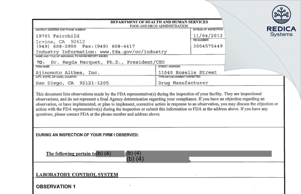 FDA 483 - Ajinomoto Althea, Inc. [San Diego / United States of America] - Download PDF - Redica Systems