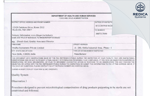 FDA 483 - MADHU INSTRUMENTS PRIVATE LIMITED [India / India] - Download PDF - Redica Systems