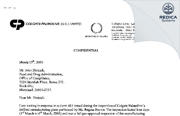 FDA 483 Response - Colgate Palmolive Company [Salford Manchester / United Kingdom of Great Britain and Northern Ireland] - Download PDF - Redica Systems