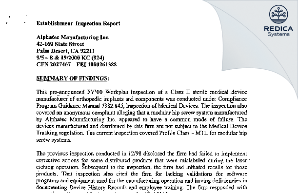 EIR - Alphatec Spine, Inc. [Carlsbad / United States of America] - Download PDF - Redica Systems
