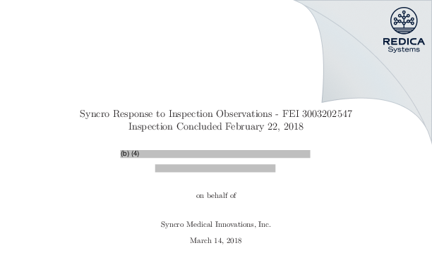 FDA 483 Response - Syncro Medical Innovations, Inc. [Macon / United States of America] - Download PDF - Redica Systems