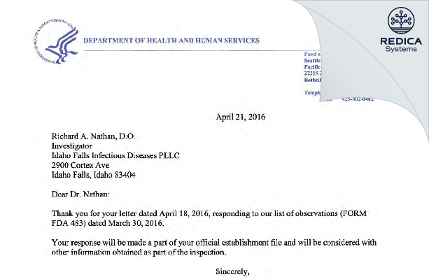 FDA 483 Response - Richard A. Nathan, D.O. [Idaho Falls / United States of America] - Download PDF - Redica Systems