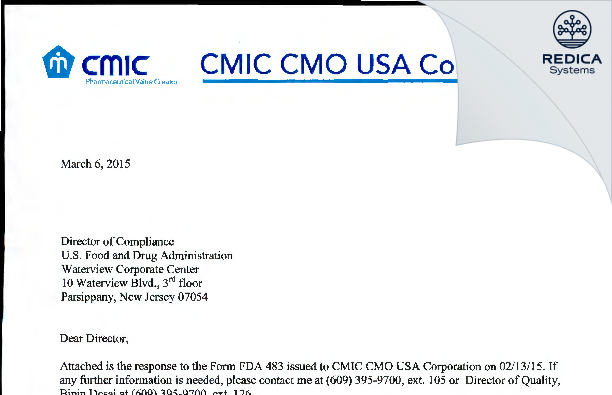 FDA 483 Response - CMIC CMO USA CORP [Cranbury / United States of America] - Download PDF - Redica Systems