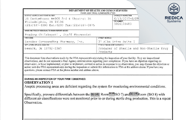 FDA 483 - SaveWay Compounding Pharmacy, Inc. [Newark / United States of America] - Download PDF - Redica Systems