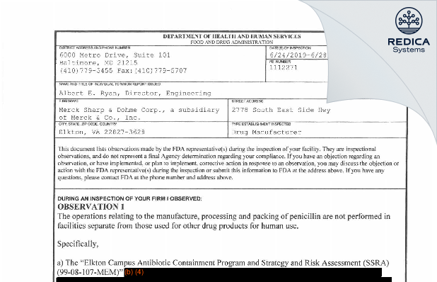 FDA 483 - Merck Sharp & Dohme LLC [Elkton / United States of America] - Download PDF - Redica Systems