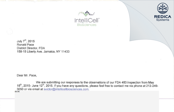 FDA 483 Response - IntelliCell BioSciences, Inc. [New York / United States of America] - Download PDF - Redica Systems