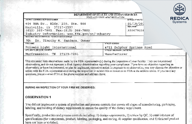 FDA 483 - Prismic Lights International, Inc. [Murfreesboro / United States of America] - Download PDF - Redica Systems