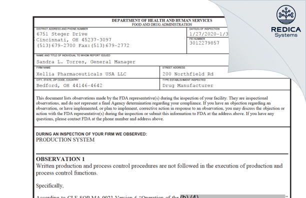 FDA 483 - Xellia Pharmaceuticals USA LLC [Bedford Ohio / United States of America] - Download PDF - Redica Systems
