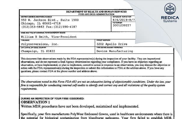 FDA 483 - Polyconversions, Inc. [Champaign / United States of America] - Download PDF - Redica Systems